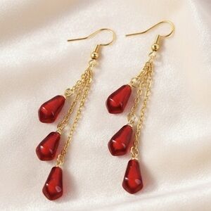 Elegant Red Pomegranate Drop Earrings – Multi-Layer Tassel Chain Design